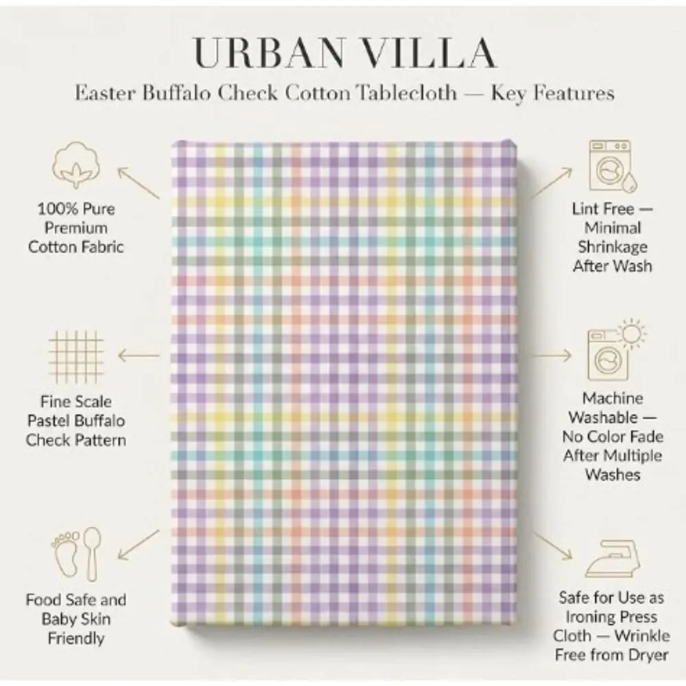 NEW Urban Villa Pastel Buffalo Check Cotton Tablecloth 52x70 Plaid Purple Pink